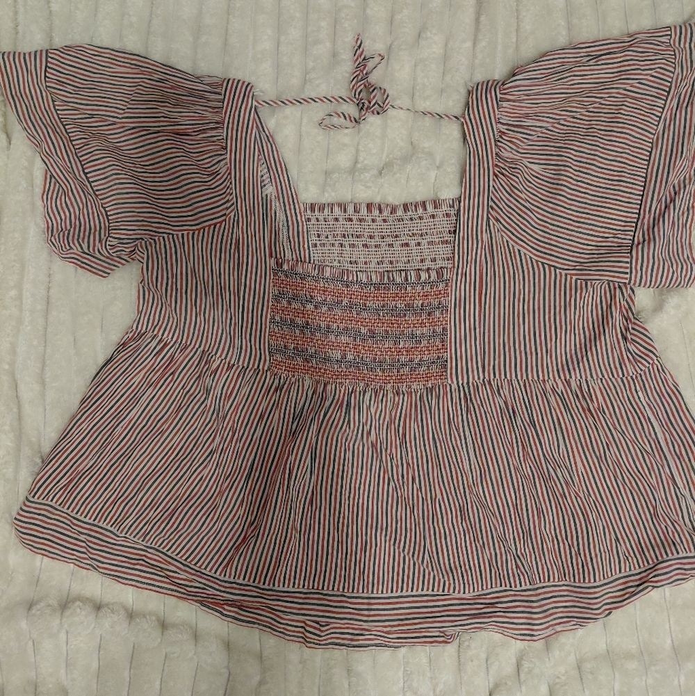 Linen Patriotic Flutter Sleeve Striped Smocked Babydoll Blouse - Picture 3 of 6